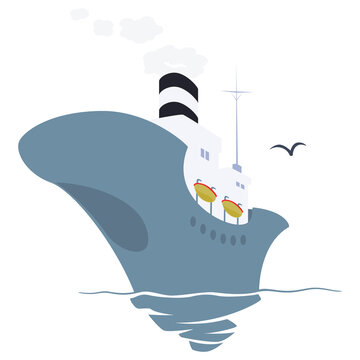 Steamboat sailing into distance. Vector illustration of big cartoon steamship.
