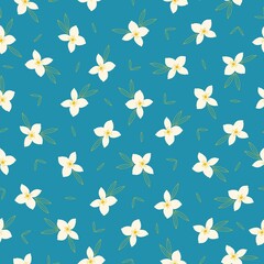 Seamless vintage pattern. White flowers, golden leaves. Blue background. vector texture. fashionable print for textiles, wallpaper and packaging.