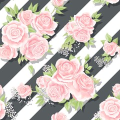 Pink roses seamless vector pattern with brushed stripes background