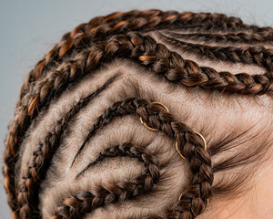 Close-up of braids on the head of a caucasian woman.