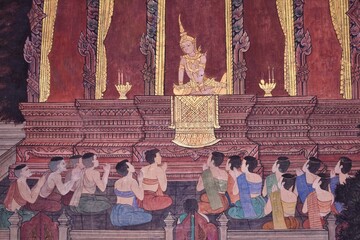 The murals behind the main Buddha image are the three worlds: heaven, humans, and hell. There are...