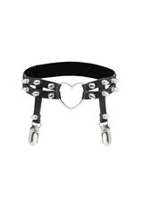 Detailed shot of a black garter made as two leather bands with garter clips, steel spikes and a heart-shaped ring. The fancy suspender is isolated on the white background.