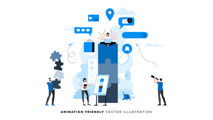 A female office worker performs many tasks at the same time. Multitasking. Animation ready duik friendly vector Illustration. Conceptual business story. Puzzle connection, teamwork abstract metaphor.