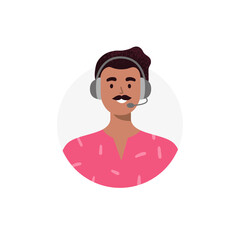 An avatar of inadian man from a call center. Live chat operators, hotline operator, assistant with headphones. Online technical support 24 7. Vector flat illustration.