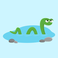 Snake in the water. Cute green snake swimming in the lake or pond. Flat cartoon character. Vector illustration