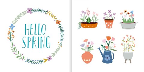 Hello spring collection with floral wreath and springtime elements, flowers in pots, hand lettering, seasonal decorative design