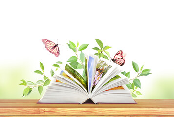 Book of nature. Horizontal banner with book open and butterfly on wood table