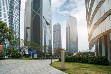 Close-up of exterior facades and buildings of skyscrapers in financial district outdoor