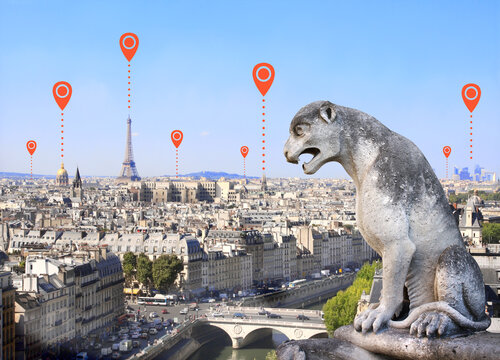 Network connection concept. Overlooking Paris and red location pins