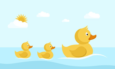 Ducks swimming on the pond. Flat cartoon style. Vector illustration of three ducklings