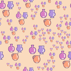 Vector seamless pattern with vase in flat style. Purple and pink color. For printing on fabric, for printing on paper, for fashion design.