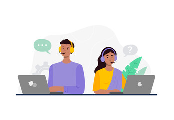 A man and woman from a call center. Dealing with a customer problem, answering calls, chatting with clients. Customer support department staff, telemarketing agents. Vector flat illustration. - obrazy, fototapety, plakaty