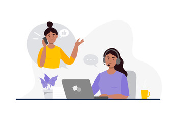 An Indian woman from a call center dealing with a customer problem. Online global technical support 24 7. Customer support department staff, telemarketing agents. Vector flat illustration.