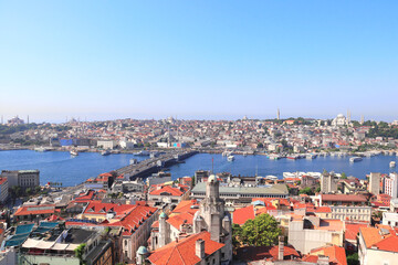 Fototapeta na wymiar Aerial view of Istanbul, Suleymaniye Mosque and Bosphorus, Turkey. Top view from Galata Tower