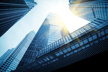 Close-up of exterior facades and buildings of skyscrapers in financial district outdoor