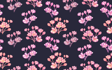 Watercolor painting pink,colorful blooming flowers seamless pattern on dark background.Watercolor hand drawn illustration flower plumeria tropical exotic for wallpaper textile summer hawaii style.