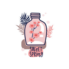 Vector illustration of a flower composition in pastel colors. Flowers with vase and lettering composition. For Valentine's Day. Poster for the interior, postcard, congratulation. In hand-drawn style