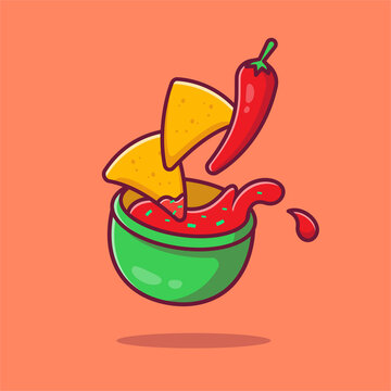Nachos With Chili Sauce Cartoon Vector Icon Illustration. Mexico Food Icon Concept Isolated Premium Vector. Flat Cartoon Style