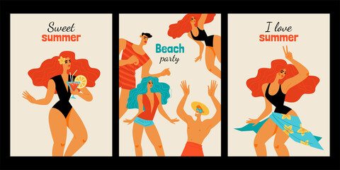 Summer beach party illustration set with cheerful young people in beachwear dancing and drinking cocktails.