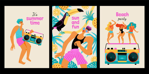 Set of illustrations with people having fun at a beach party and enjoying music and summer.