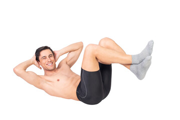 Fototapeta na wymiar Happy shirtless man doing abdominal crunches during training