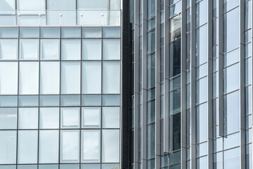 Close-up of exterior facades and buildings of skyscrapers in financial district outdoor