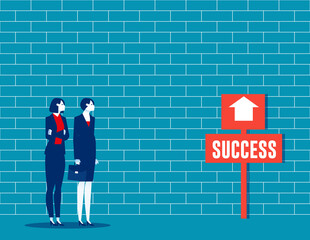 Business team look at the signs indicating the direction of success. Business vector illustration