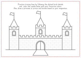 Children Learning Worksheet - Tracing Lines and Coloring Castle