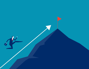 Businessman run to the top of the mountain following the direction of the arrow