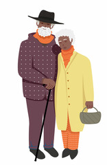 old couple of two african american beloved people supporting each other. Pensioners with gray hair hugging and smiling
