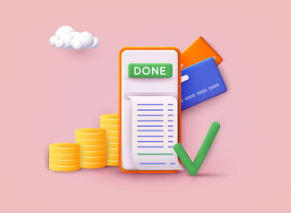 Payment approved, online Card payment Concept Payment of utility, bank, restaurant and other bill. 3D Web Vector Illustrations.
