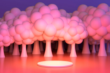 Neon catwalk with cartoon forest. A pedestal with trees. 3D Render