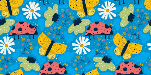 Scandinavian spring seamless pattern with butterfly, ladybug and daisy on blue background. Yellow and red insect with wings, flowers. Seamless colorful pattern for baby textile