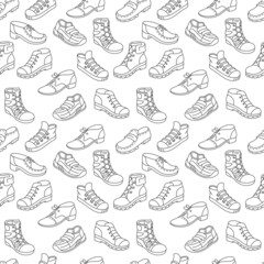 Shoes seamless pattern background. Different types of shoes shop assortment.