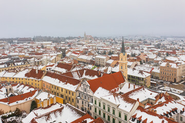 Fototapeta na wymiar Aerial view about Church of St. Michael at Sopron, Hungary. Winter cityscape.