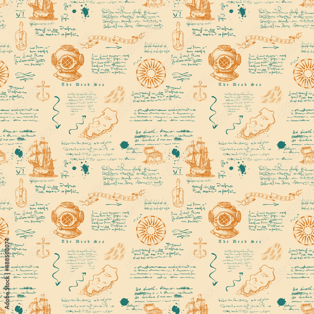 Aufkleber vector image of a seamless texture for printing on fabric and paper in the style of a medieval marin