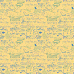 Vector image of a seamless texture for printing on fabric and paper in the style of a medieval marine record, sketch, engraving of the captain's diary font lorem ipsum