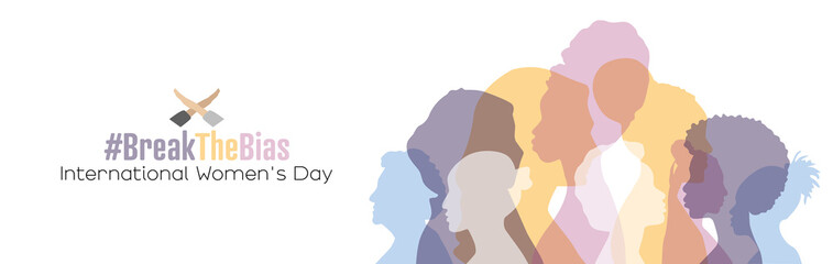 International Women's Day banner. #BreakTheBias Women of different ethnicities stand side by side together. - obrazy, fototapety, plakaty