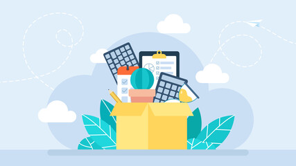 Firing from a job. Cardboard box full of office stuff. Job cuts. Hiring and recruiting. Dismissal employee. Unemployment and Jobless concept. Flat style design. Vector business illustration. 