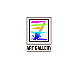 Art gallery logo or icon vector image. Color paintings emblem with paint brush and lines.
