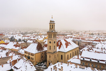 Fototapeta na wymiar Aerial view about the Evangelical church of Sopron, winter cityscape.