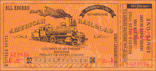 vector image of old vintage american western rail train ticket - obrazy, fototapety, plakaty