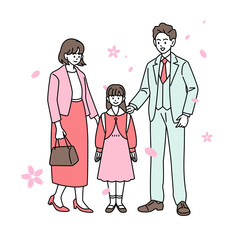 小学校へ入学する娘と母親と父親　全身姿