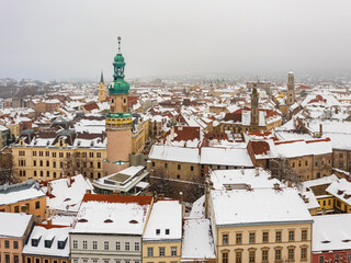 Aerial view about the 58 meters high iconic Fire tower and Sopron city hall in the heart of the...