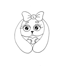 a delicate black and white Bunny with a bow on its head for coloring with a heart in its paws with big eyes and ears