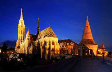 Matthias Church and Fisherman's bastion in Budapest at night