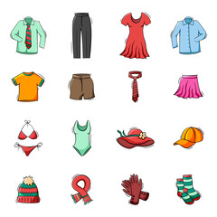 Hand drawn icons set of clothes and accessories in doodle sketch style. Vector illustration for icon, background, frame design.