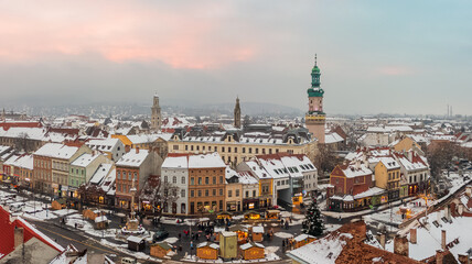 Aerial panoramic view of Sopron downtown. Winter cityscape with snowy rooftops.
