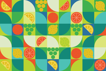 Geometric seamless vector flat pattern with plants and fruits garden. Lemons and oranges