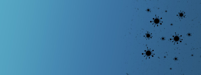 Breiter Hintergrund oder Banner in dunkelblau mit Viren die in der Luft umherfliegen